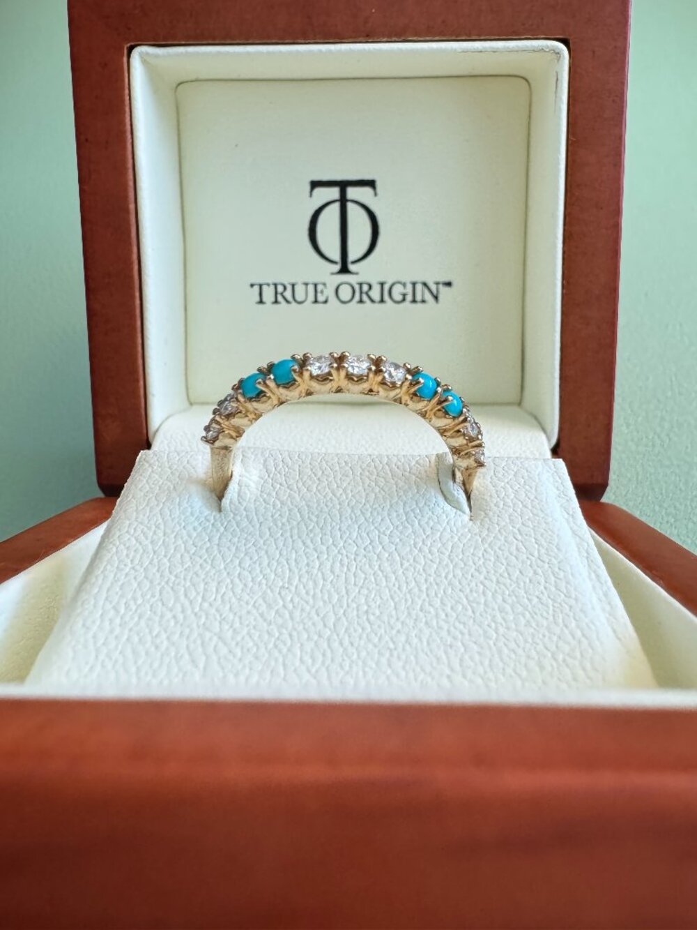14K Gold Lab-Grown Diamond & Turquoise Half Eternity Ring